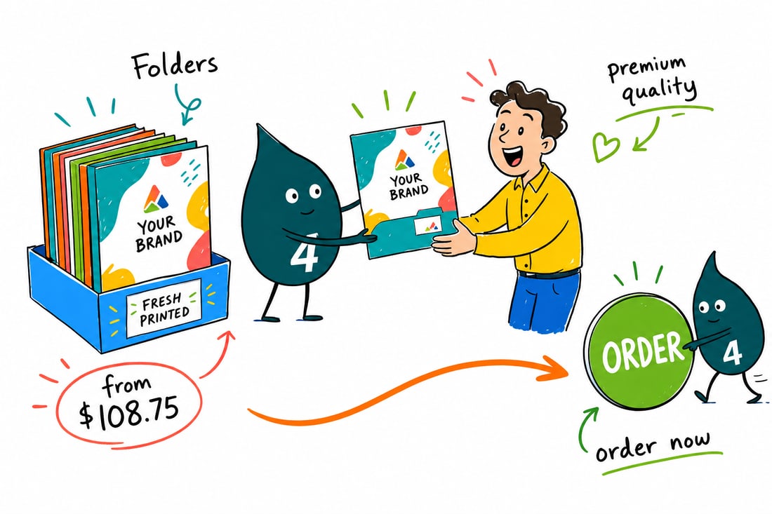 Wally the 4OVER4 mascot handing a glossy 9 by 12 inch presentation folder, priced from $108.75 for 10, to a customer, teal hand-drawn line art.