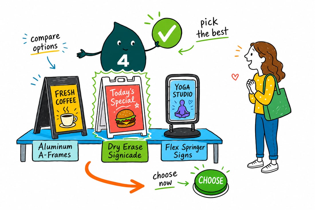 Wally compares Sidewalk Signs options side by side at 4OVER4.COM