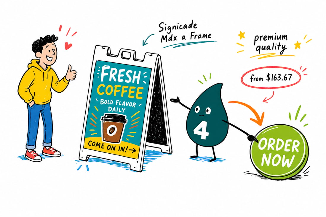 Wally the 4OVER4 mascot setting up a white molded plastic Signicade MDX A-Frame sidewalk sign priced at $163.67, with two printed 18 by 24 inch panels, teal hand-drawn line art.