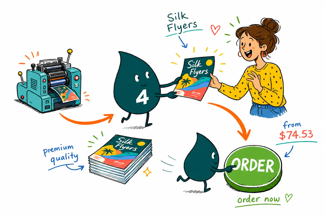 Wally the 4OVER4 mascot handing a smooth silk-laminated flyer, priced at $74.53 for 250, across a counter to a happy customer, teal hand-drawn line art.