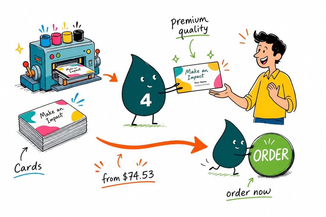 Wally the 4OVER4 mascot handing a soft silk laminated business card with a glossy spot UV logo across a counter to a happy customer, teal hand-drawn line art.