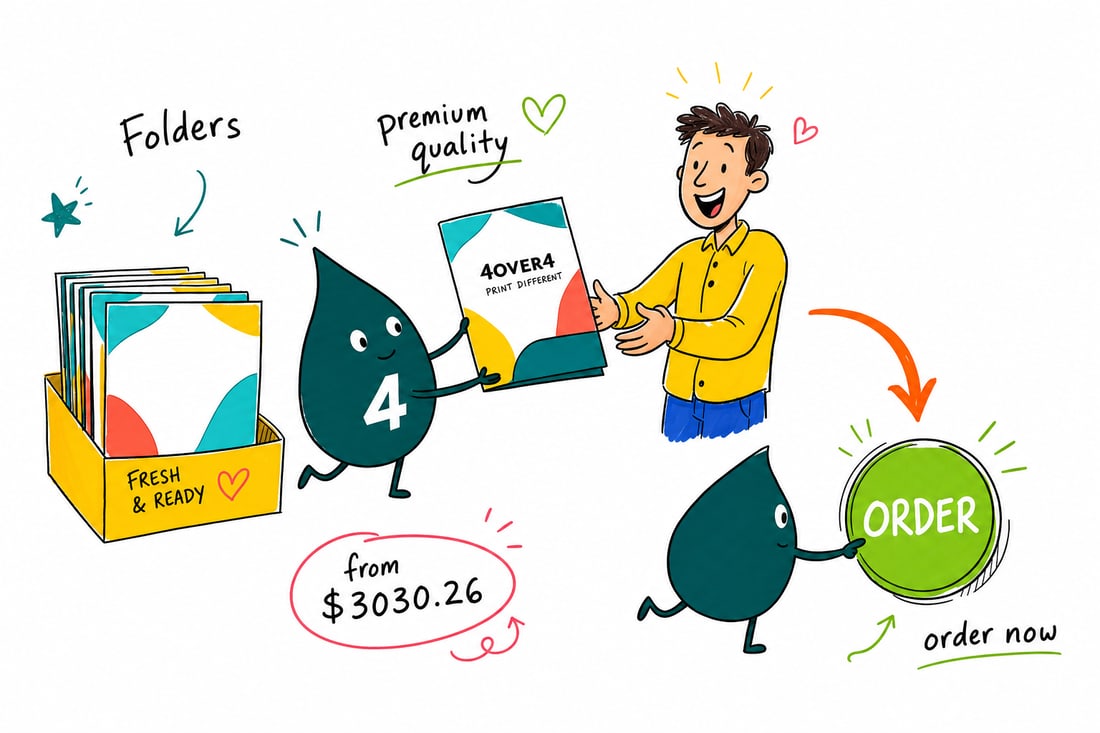 Wally the 4OVER4 mascot sliding documents into a soft-touch silk laminated presentation folder and handing it across a table to a client, teal hand-drawn line art.