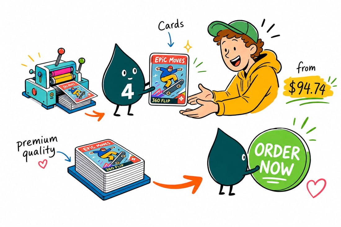 Wally the 4OVER4 mascot holding a soft silk laminated trading card at 2.5 by 3.5 inch, priced from $94.74 for 250, handing it across a counter to a happy customer, teal hand-drawn line art.