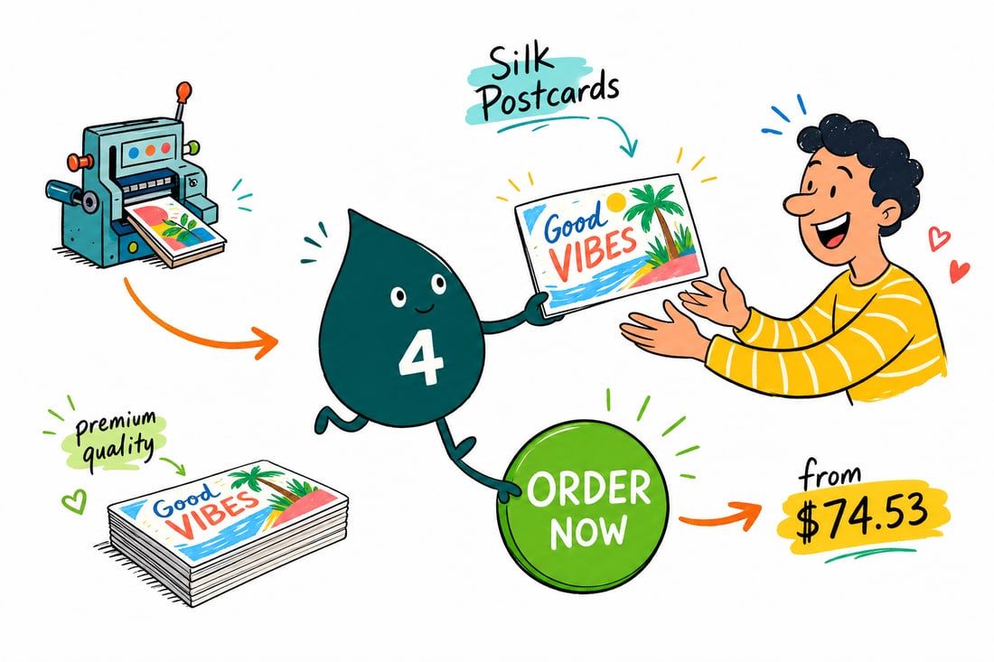 Wally the 4OVER4 mascot handing a soft-touch silk postcard to a customer who is running a thumb over the velvety finish, teal hand-drawn line art.