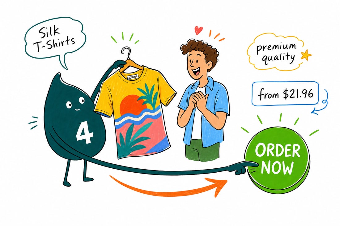 Wally the 4OVER4 mascot handing a freshly printed white silk t-shirt with a bold full-color logo across the chest to a happy customer, teal hand-drawn line art.