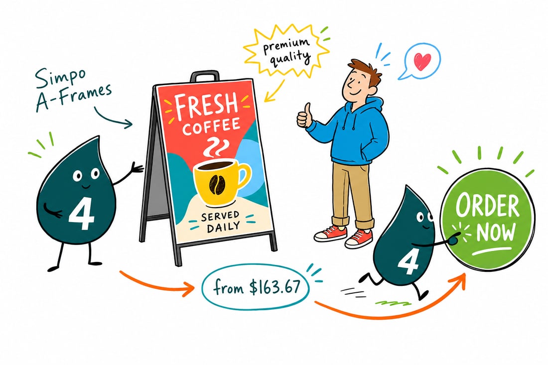 Wally the 4OVER4 mascot setting a white plastic Simpo A-frame sidewalk sign on a storefront pavement, a printed sign on each side, teal hand-drawn line art.