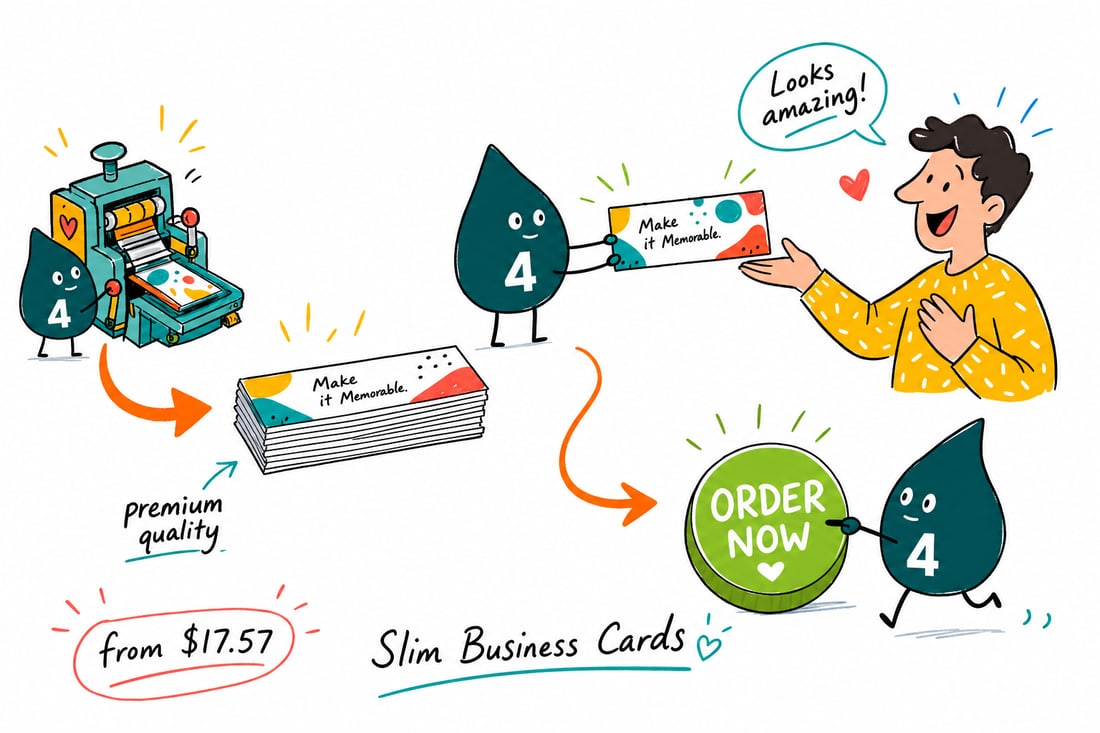 Wally the 4OVER4 mascot handing a narrow slim business card, priced at $17.57 for 100, across a counter to a happy customer, teal hand-drawn line art.