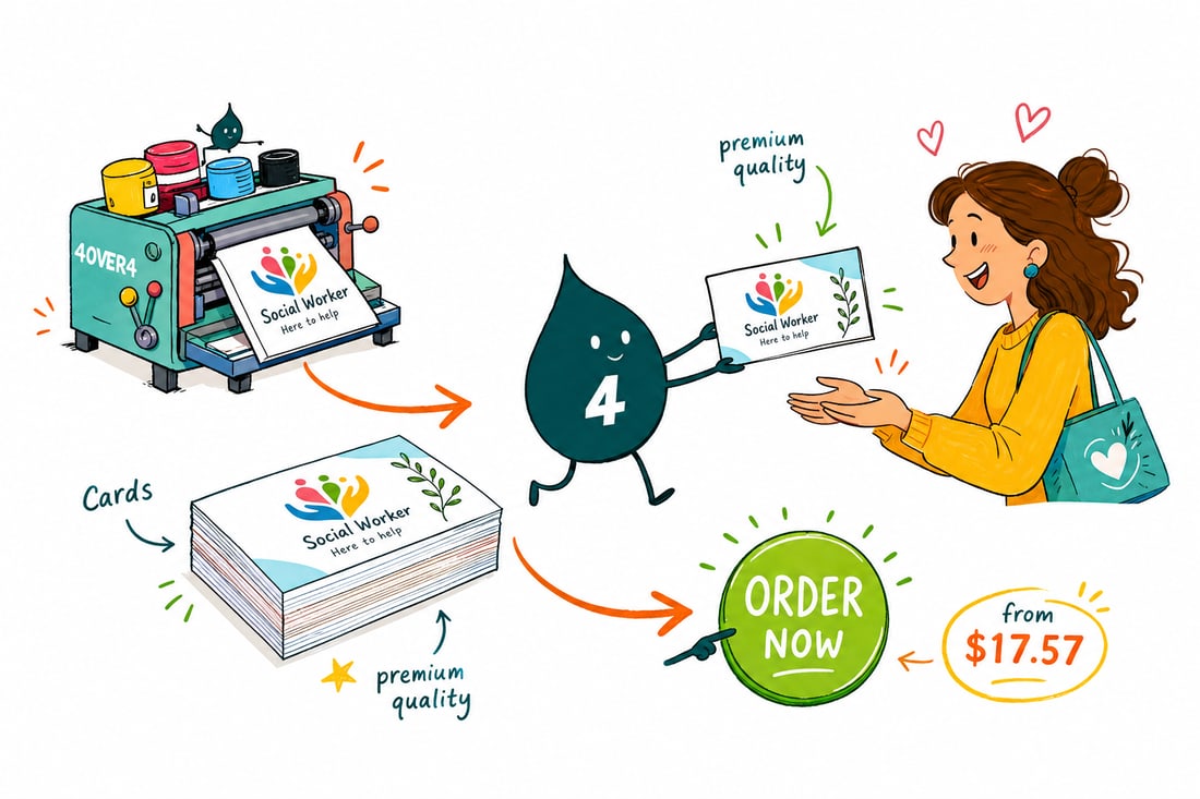 Wally the 4OVER4 mascot handing a warm, clear social worker business card, priced at $17.57 for 100, across a desk to a client, teal hand-drawn line art.