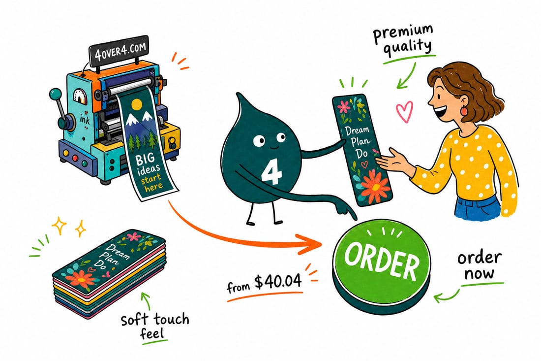 Wally the 4OVER4 mascot handing a thick soft touch bookmark, priced at $40.04 for 50, across a counter to a happy reader, teal hand-drawn line art.