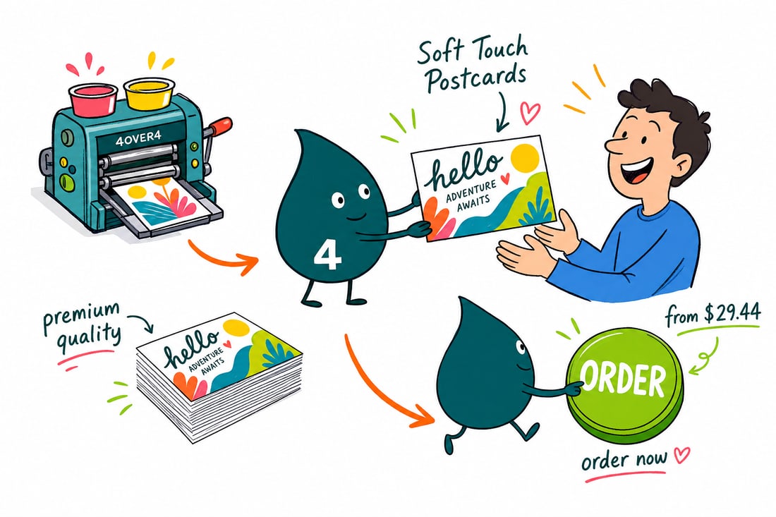 Wally the 4OVER4 mascot handing a velvety soft touch postcard, priced at $29.44 for 50, across a counter to a happy customer, teal hand-drawn line art.