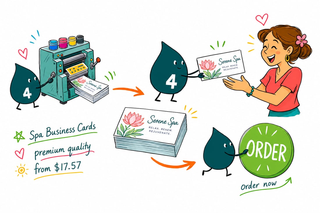 Wally the 4OVER4 mascot handing a soft-touch spa business card, priced at $17.57 for 100, across a spa front desk to a relaxed client, teal hand-drawn line art.