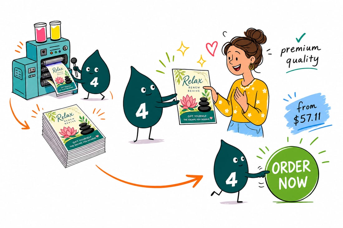 Wally the 4OVER4 mascot handing a full-color spa flyer, priced at $39.54 for 50, across a spa reception desk to a relaxed guest, teal hand-drawn line art.