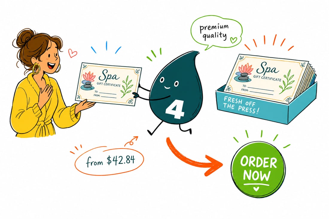 Wally the 4OVER4 mascot handing a printed spa gift certificate, priced from $42.84 for 50, across a spa reception desk to a happy client, teal hand-drawn line art.
