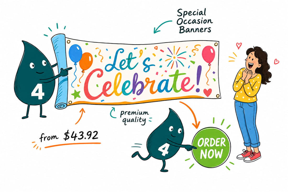 Wally the 4OVER4 mascot hanging a full-color special occasion banner priced at $43.92 across a party backdrop, teal hand-drawn line art.