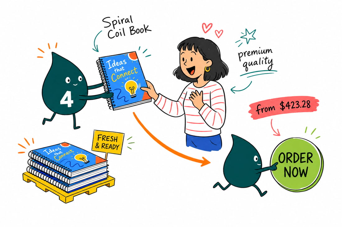 Wally the 4OVER4 mascot holding an open spiral coil bound book that lies completely flat on a desk, black plastic coil down the spine, teal hand-drawn line art.