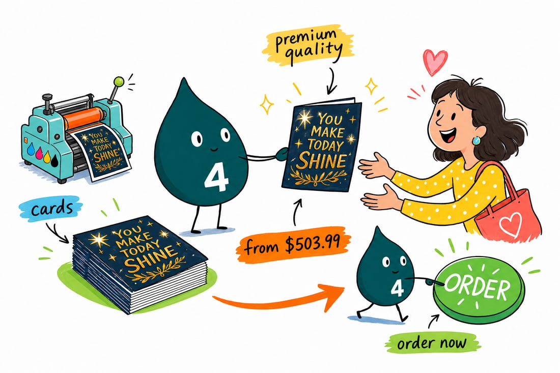 Wally the 4OVER4 mascot holding a folded matte greeting card with a glossy spot UV logo catching the light, priced at $503.99 for 100, teal hand-drawn line art.