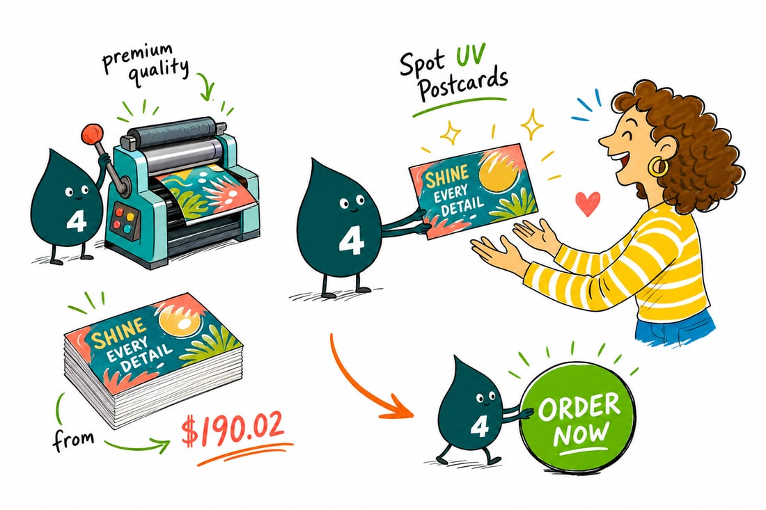 Wally the 4OVER4 mascot tilting a spot UV postcard so the clear glossy logo catches the light, priced at $190.02 for 1000, teal hand-drawn line art.