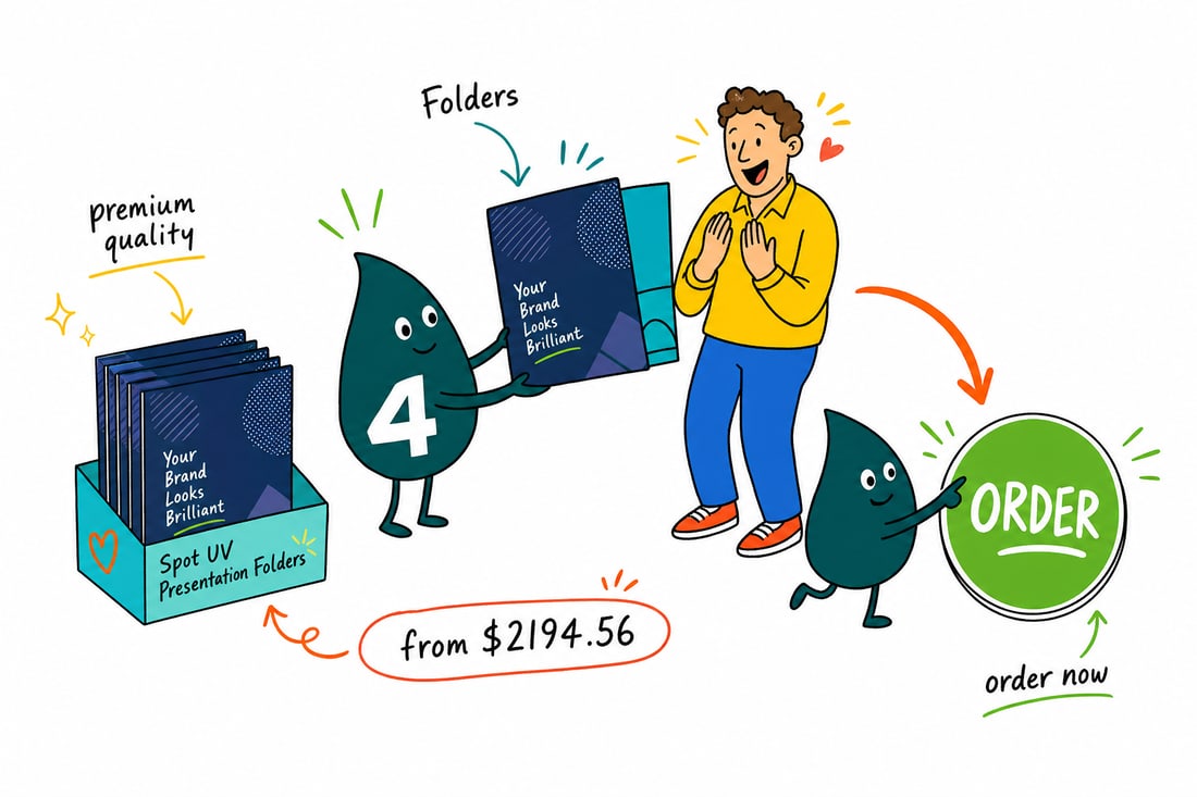 Wally the 4OVER4 mascot holding up a glossy spot UV presentation folder with a shiny logo catching the light, sliding documents into its two pockets, teal hand-drawn line art.