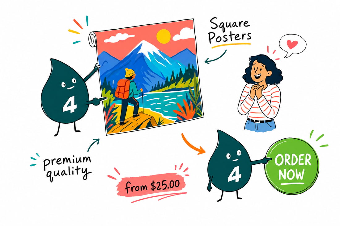 Wally the 4OVER4 mascot hanging a large square poster priced from $25 on a gallery wall, teal hand-drawn line art.