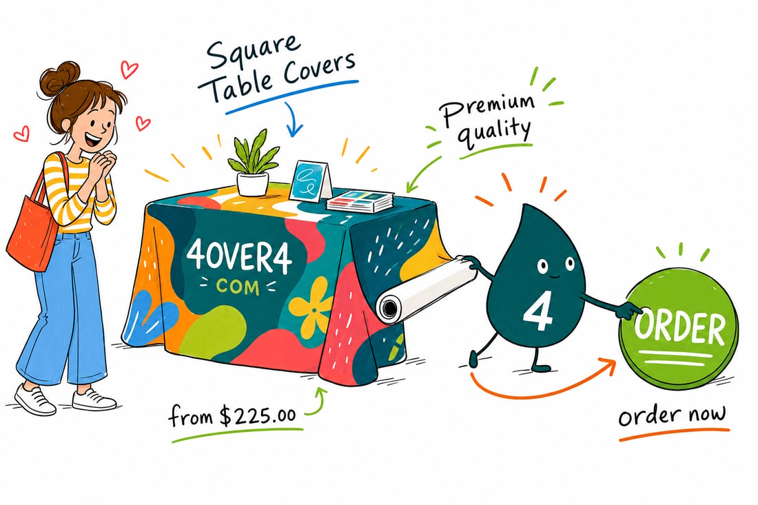 Wally the 4OVER4 mascot draping a printed square table cover over a trade show table, priced at $225 for one, teal hand-drawn line art.