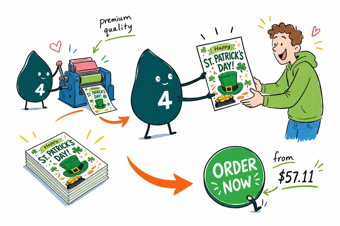 Wally the 4OVER4 mascot handing a bright green St Patrick's Day flyer, priced at $39.54 for 50, across a pub counter to a cheerful customer, teal hand-drawn line art.