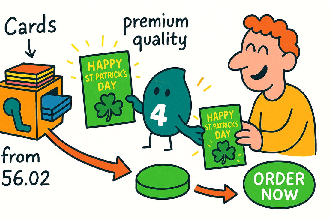 Wally the 4OVER4 mascot handing a folded green and gold St Patrick's Day greeting card, priced at $56.02 for 50, across a counter to a happy customer, teal hand-drawn line art.