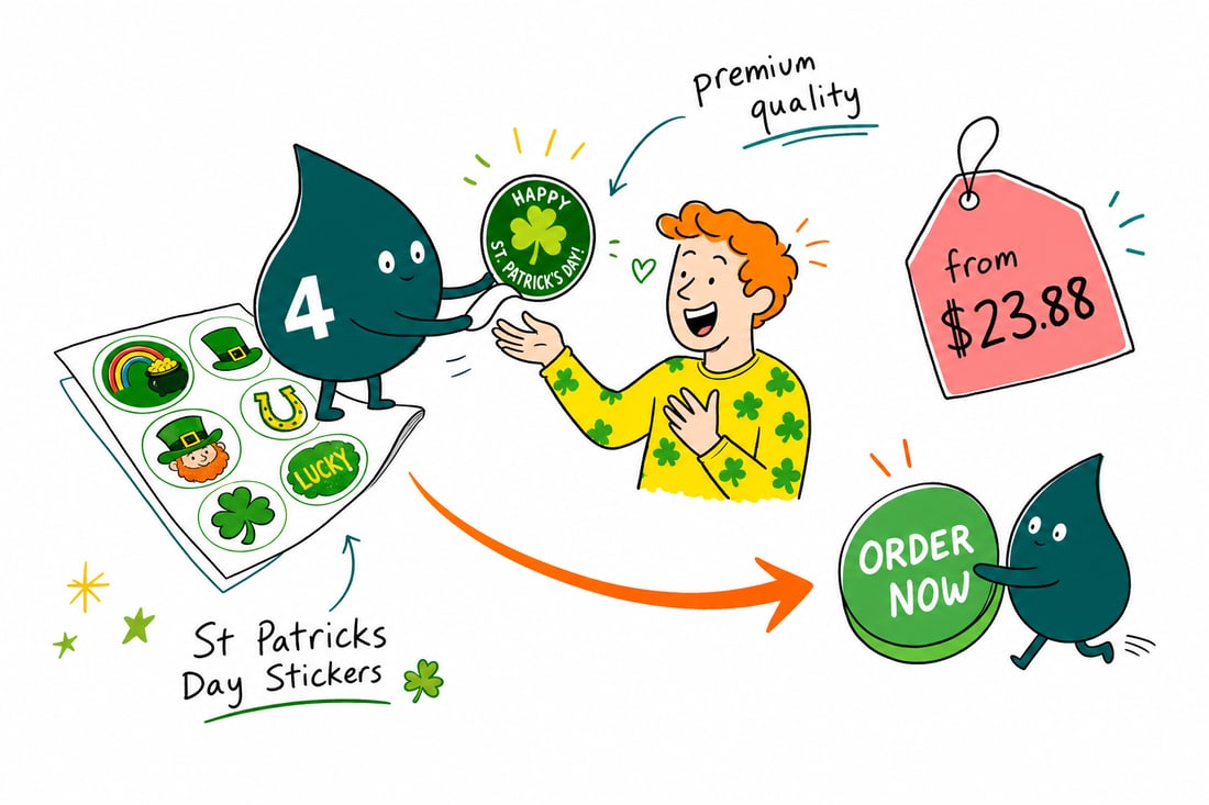 Wally the 4OVER4 mascot pressing a green shamrock St Patricks Day sticker onto a coffee cup for a smiling customer, teal hand-drawn line art.