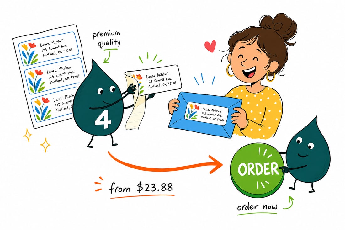 Wally the 4OVER4 mascot peeling an address label off a sheet and sticking it on an envelope for a happy customer, teal hand-drawn line art.