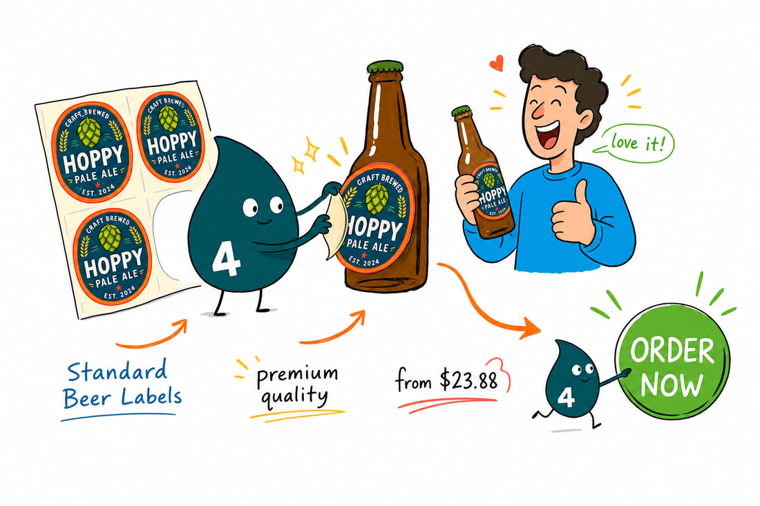 Wally the 4OVER4 mascot sticking a full-color label onto a beer bottle on a brewery counter, priced from $23.88 for 25 labels, teal hand-drawn line art.