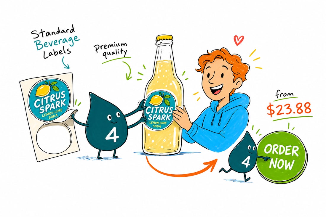 Wally the 4OVER4 mascot pressing a full-color beverage label onto a glass bottle, priced at $23.88 for 25, teal hand-drawn line art.