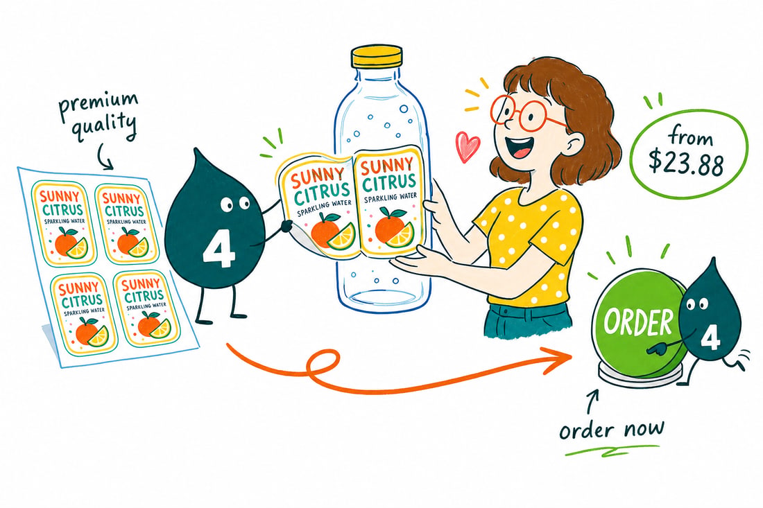 Wally the 4OVER4 mascot pressing a printed label onto a glass bottle, next to a pack of 25 labels priced at $23.88, teal hand-drawn line art.