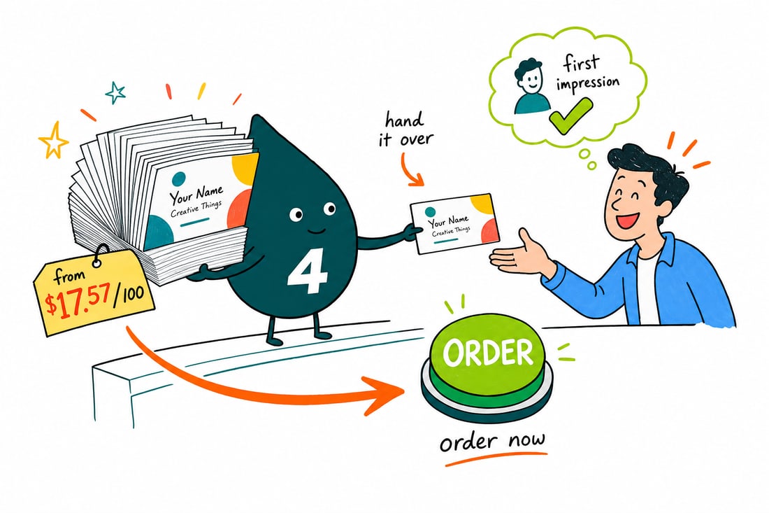 Wally the 4OVER4 mascot fanning out a stack of standard business cards priced at $17.57 for 100, handing one across a counter to a customer, teal hand-drawn line art.