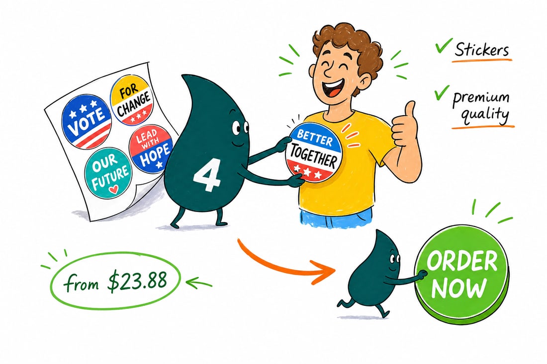 Wally the 4OVER4 mascot with a 4 on his shirt handing a sheet of round campaign stickers priced at $23.88 for 25 to a smiling volunteer, teal hand-drawn line art.