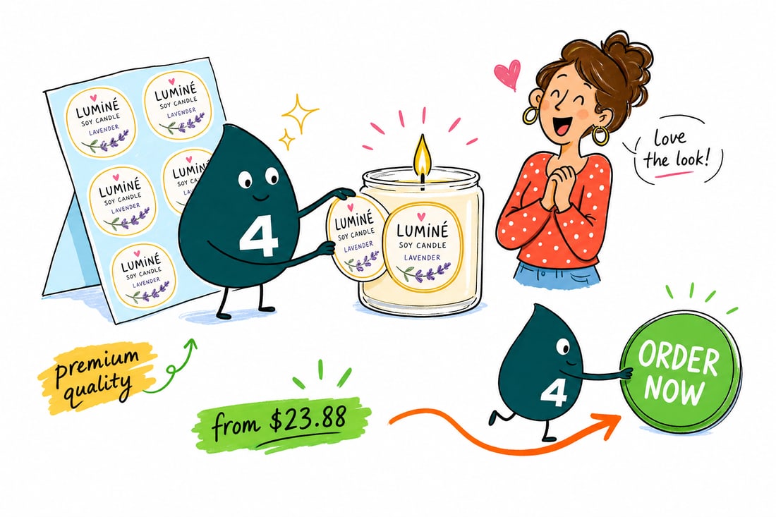 Wally the 4OVER4 mascot pressing a full-color candle label onto a glass jar, priced at $23.88 for 25, on a workshop bench with lit candles, teal hand-drawn line art.