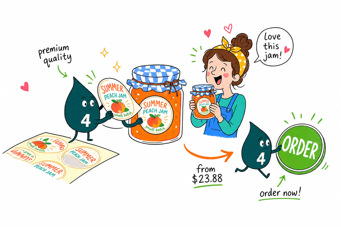 Wally the 4OVER4 mascot pressing a round canning label onto a mason jar of jam on a kitchen counter, priced at $23.88 for 25, teal hand-drawn line art.