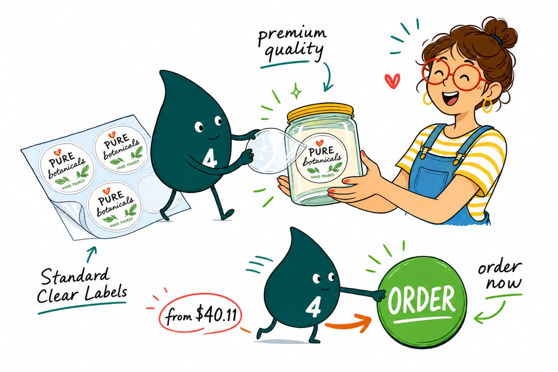 Wally the 4OVER4 mascot pressing a transparent clear label onto a glass jar, the label priced at $40.11 for 25, teal hand-drawn line art.