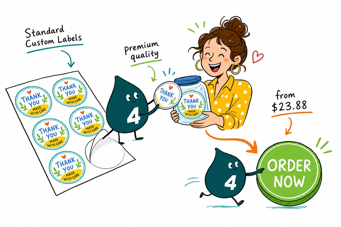 Wally the 4OVER4 mascot pressing a round custom label onto a glass jar, priced at $23.88 for 25, teal hand-drawn line art.