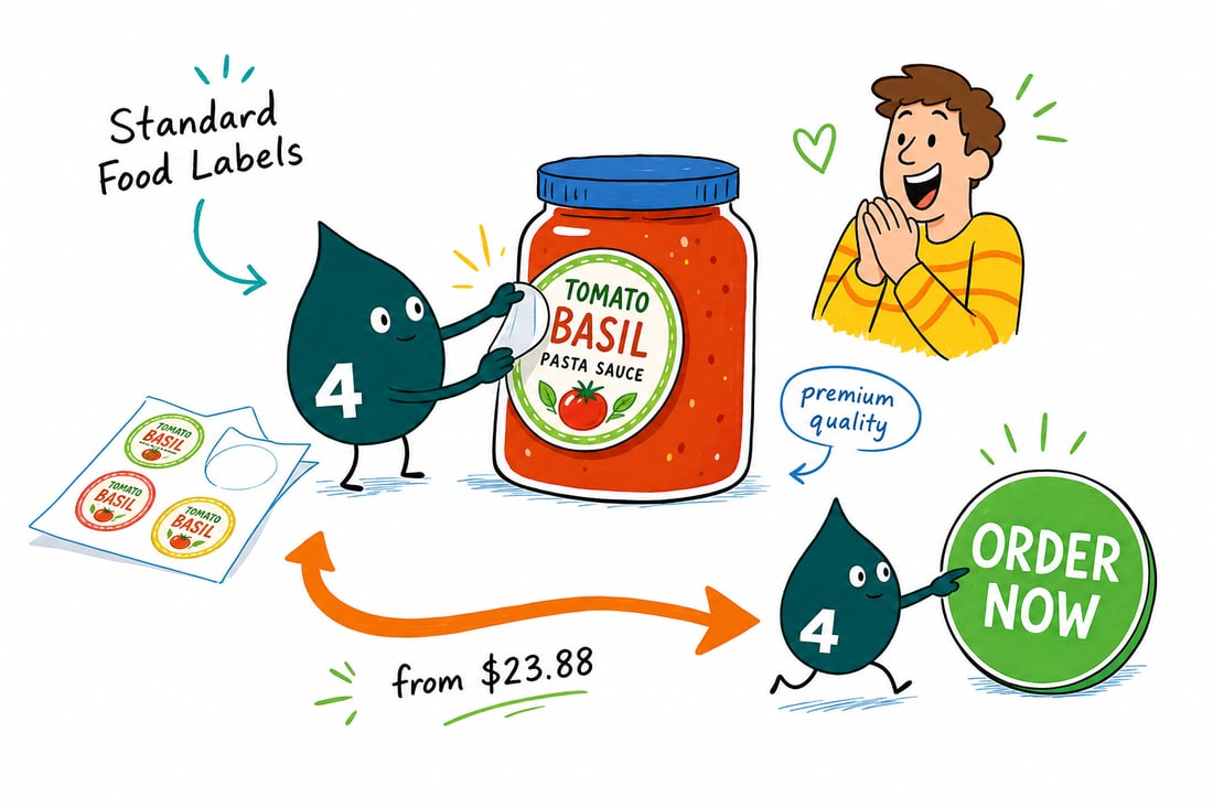 Wally the 4OVER4 mascot pressing a round standard food label onto a glass jam jar on a kitchen counter, priced at $23.88 for 25, teal hand-drawn line art.