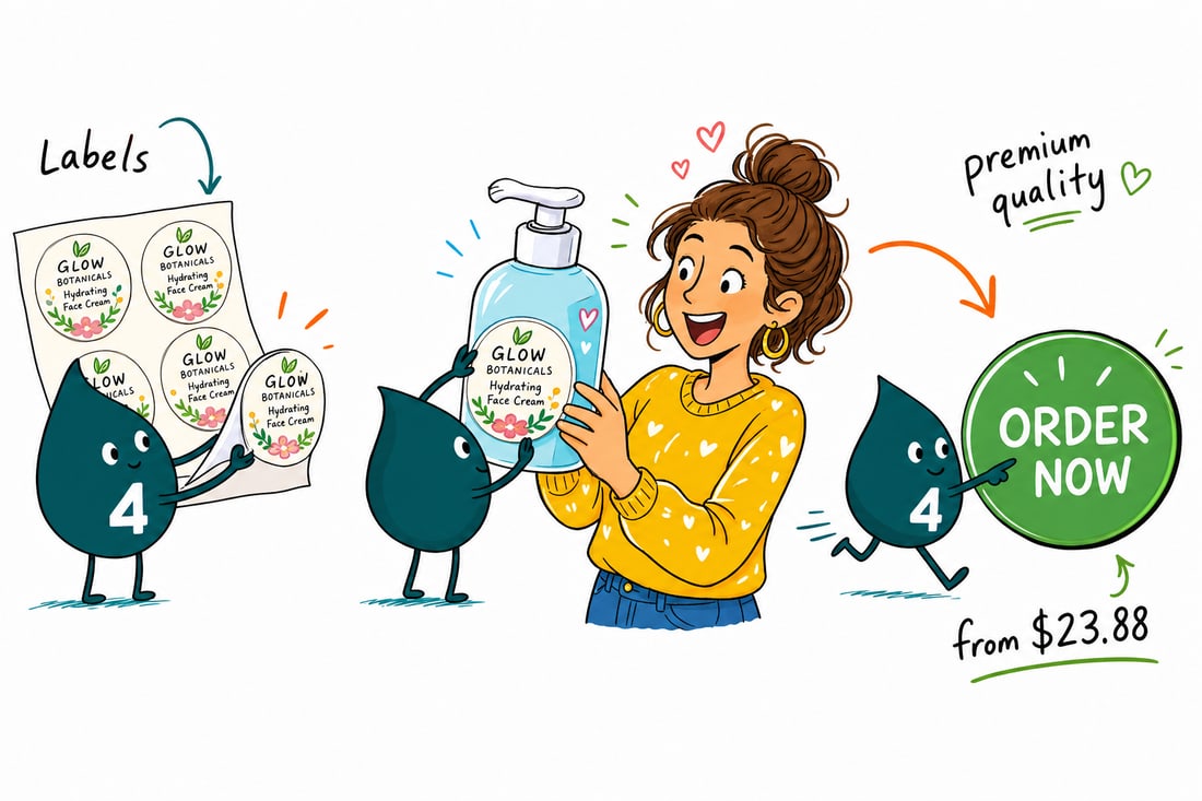Wally the 4OVER4 mascot pressing a small round health and beauty label onto a cosmetic jar lid, teal hand-drawn line art.