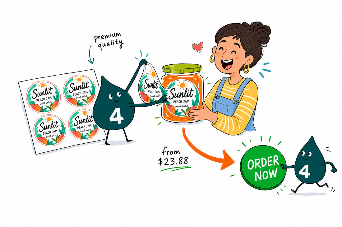 Wally the 4OVER4 mascot pressing a printed round label onto a glass jar lid, a set priced from $23.88 for 25, teal hand-drawn line art.