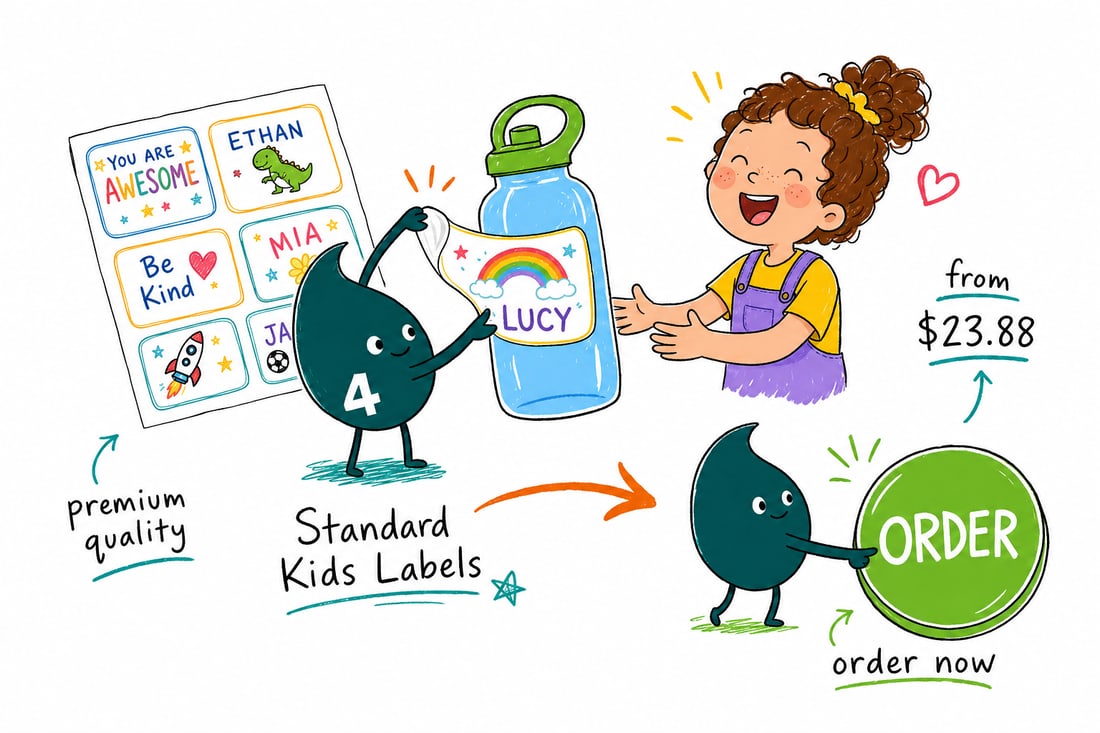 Wally the 4OVER4 mascot pressing a bright round name label onto a kid's water bottle, priced at $23.88 for 25, teal hand-drawn line art.