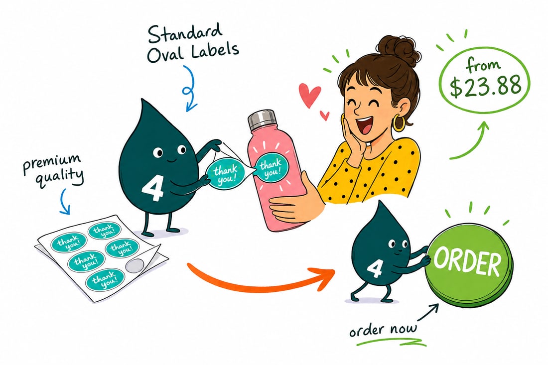 Wally the 4OVER4 mascot pressing a smooth oval label, priced at $23.88 for 25, onto a candle jar, teal hand-drawn line art.