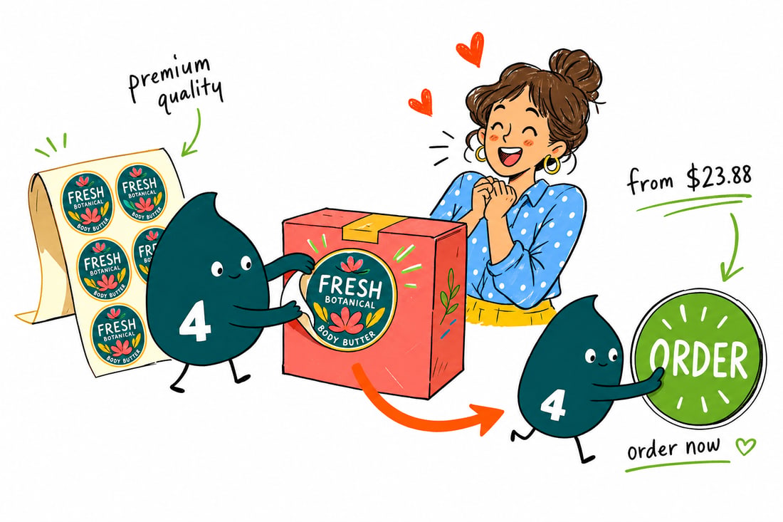Wally the 4OVER4 mascot pressing a round packaging label, priced at $23.88 for 25, onto a shipping box, teal hand-drawn line art.