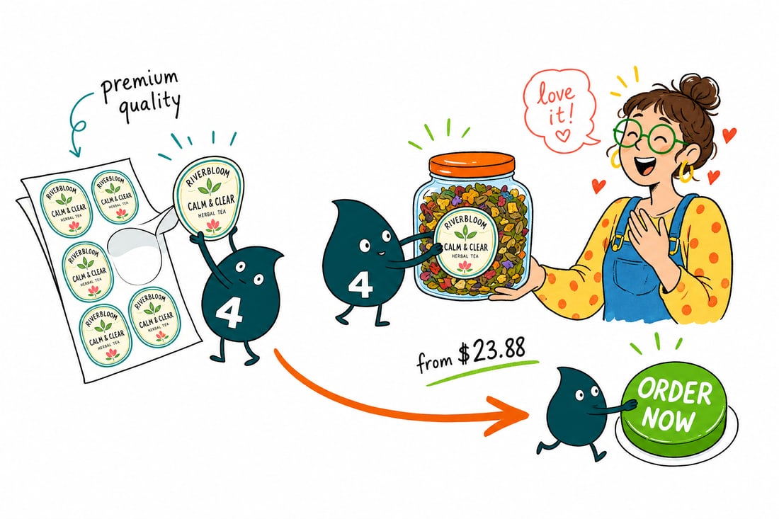 Wally the 4OVER4 mascot pressing a full-color standard product label, priced at $23.88 for 25, onto a jar for a happy small-business owner, teal hand-drawn line art.