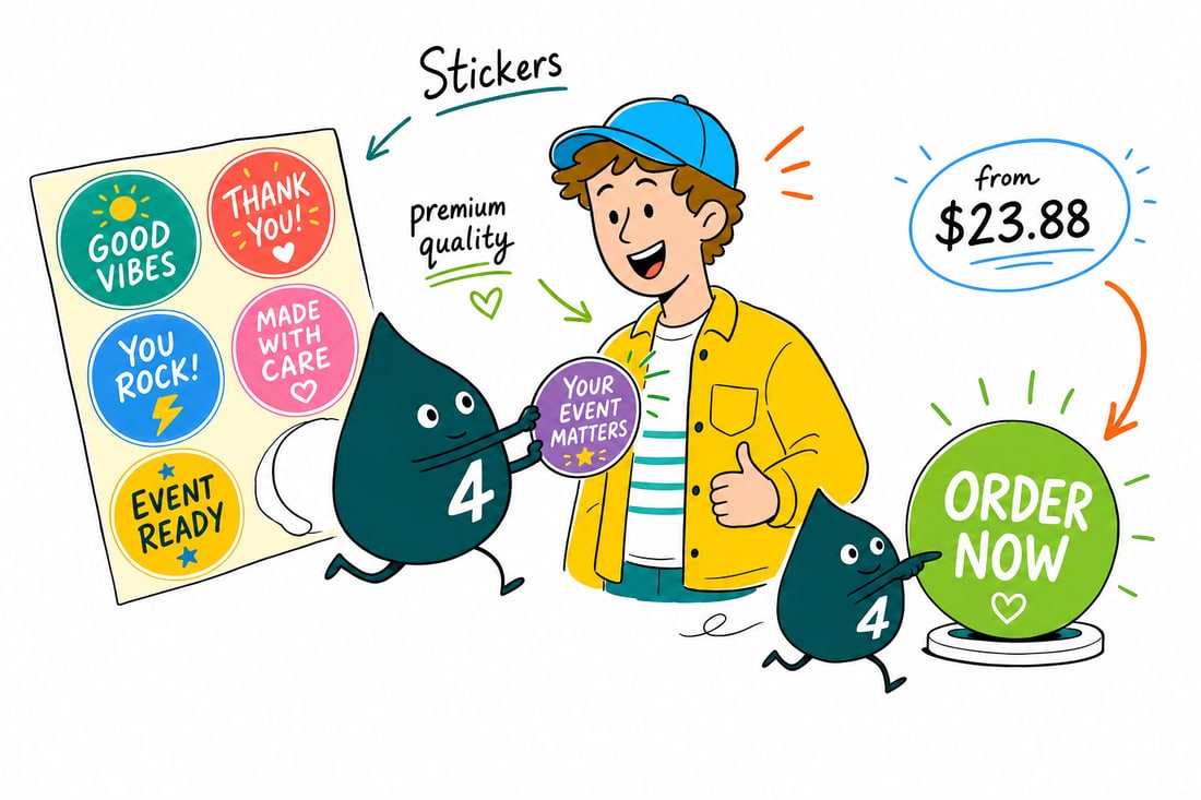 Wally the 4OVER4 mascot handing a sheet of full-color round promotional stickers, priced at $23.88 for 25, across a booth table to a happy event-goer, teal hand-drawn line art.