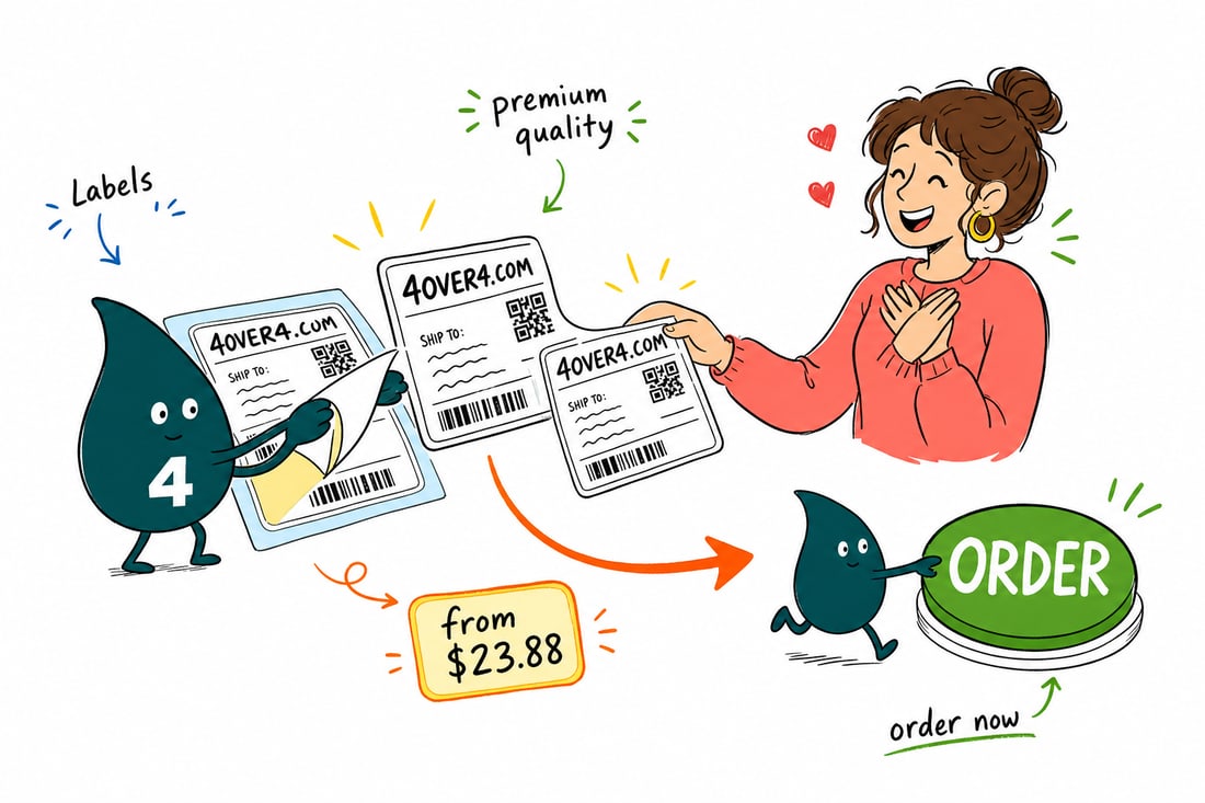 Wally the 4OVER4 mascot pressing a shipping and mailing label, priced at $23.88 for 25, onto a cardboard box, teal hand-drawn line art.