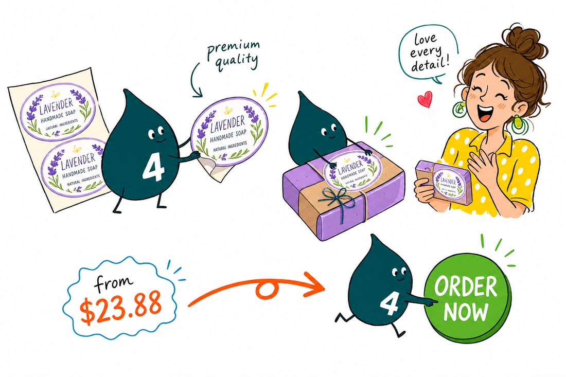 Wally the 4OVER4 mascot pressing a custom label onto a handmade soap bar, priced at $23.88 for 25, teal hand-drawn line art.