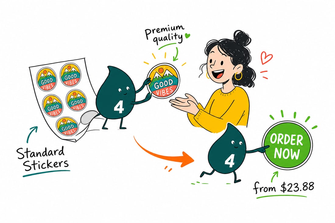Wally the 4OVER4 mascot peeling a full-color standard sticker priced at $23.88 for 25 and pressing it onto a shipping box, teal hand-drawn line art.
