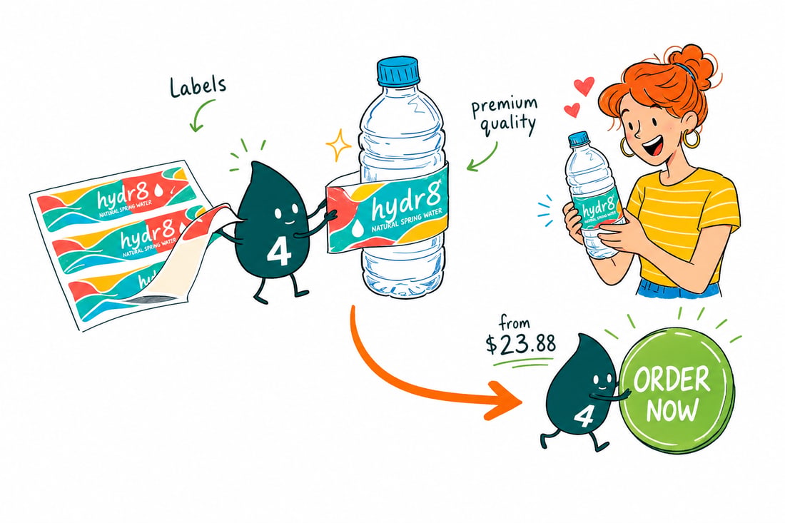 Wally the 4OVER4 mascot smoothing a printed label onto a clear water bottle, priced at $23.88 for 25, teal hand-drawn line art.