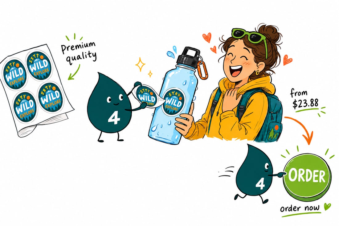 Wally the 4OVER4 mascot pressing a clear waterproof label onto a chilled bottle beaded with condensation, priced from $23.88 for 25, teal hand-drawn line art.